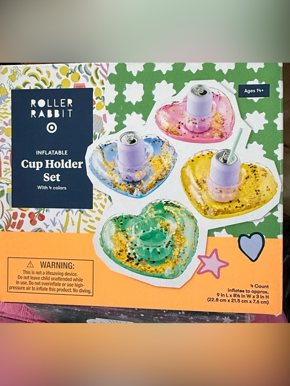 Roller Rabbit Inflatable Heart Cup Holder Set - Green, Pink, Blue, Yellow